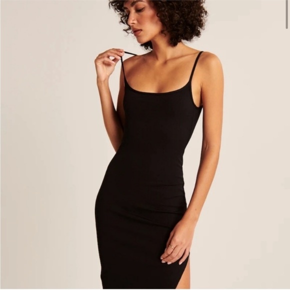 NWT Abercrombie & Fitch Black Spaghetti Strap Midi Dress with Slit Medium Petite - Picture 7 of 12